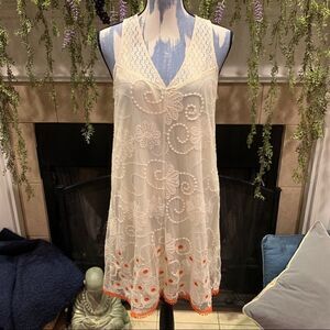 Esley for Anthropologie cream lace V neck sleeveless dress with orange accents M